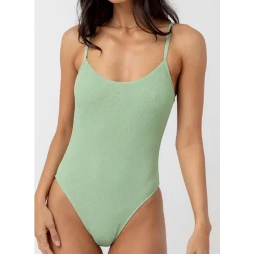 NEW RHYTHM x FREE PEOPLE CATCUS GREEN SMOCKED HI CUT ONE PIECE SWIMSUIT SZ S